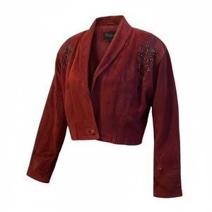 Vintage Pia Rucci Genuine Leather Women's Embellished Maroon Waist Length Jacket